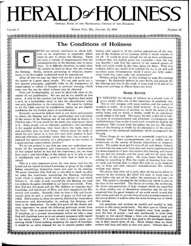 Title Page of Herald of Holiness - January 12, 1916