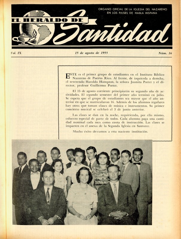 Portada: Primer grupo de estudiantes en el Instituto Bíblico Nazareno de Pto. Rico