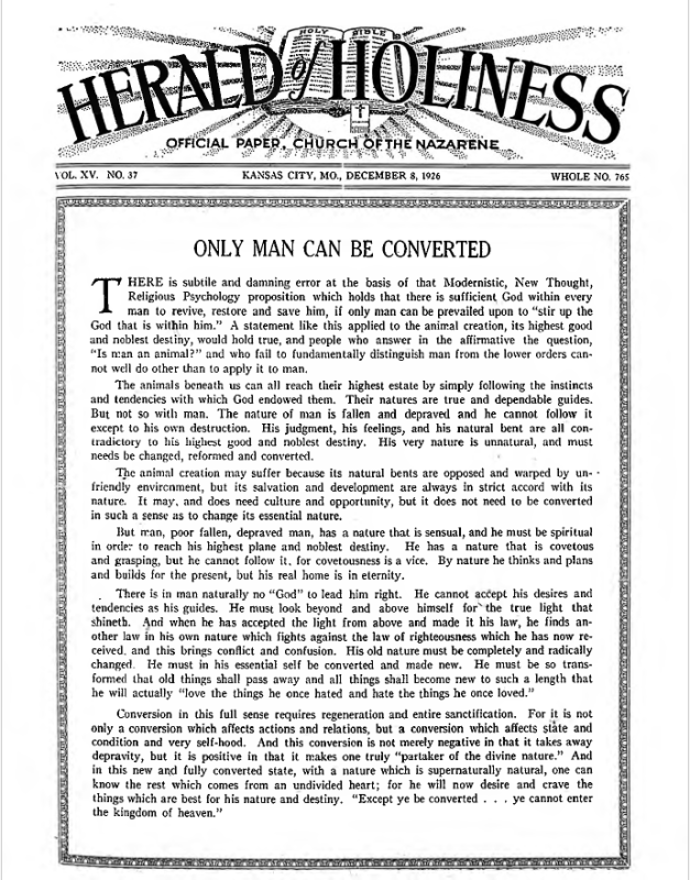Front page of Herald of Holiness - December 8, 1926