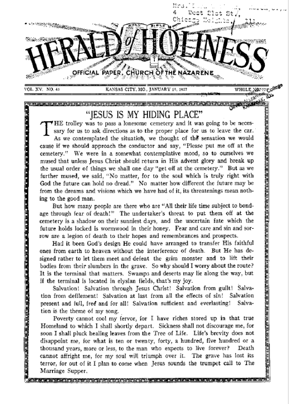 Front page of Herald of Holiness - January 19, 1927