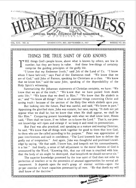 Front page of Herald of Holiness - September 21, 1927