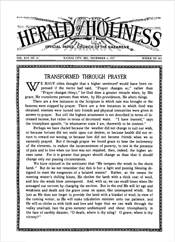 Front page of Herald of Holiness - November 2, 1927