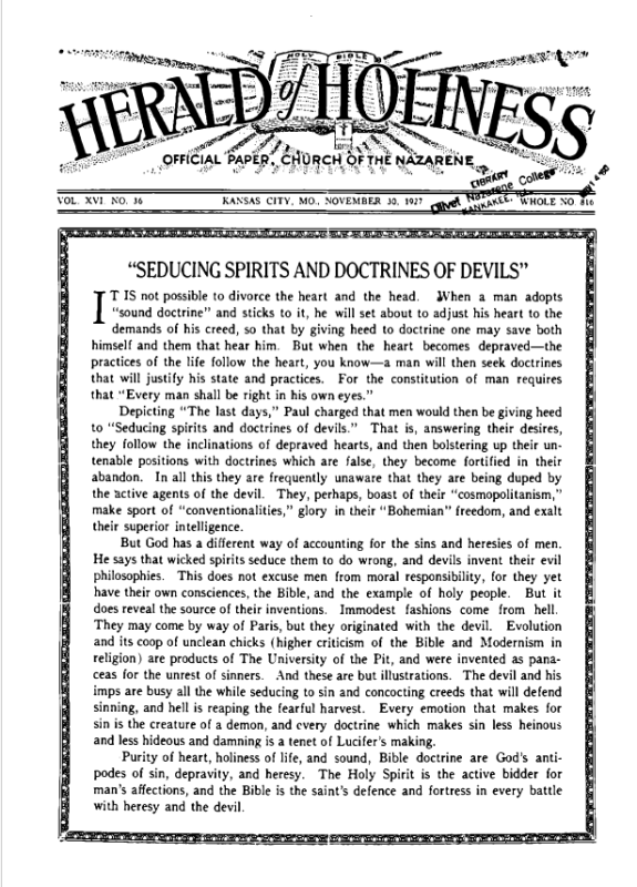 Front page of Herald of Holiness - November 30, 1927